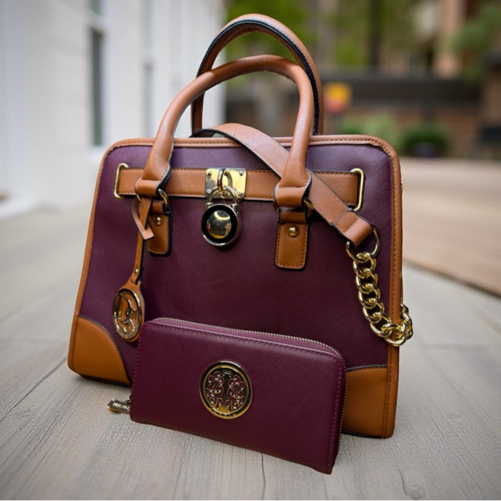 Dasein Handbag Top Handle Burgundy and Tan Satchel with Matching Wallet